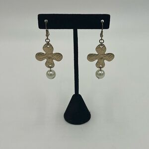 Rustic Style Hammered Gold Tone and Faux Pearl Floral Dangle Earrings